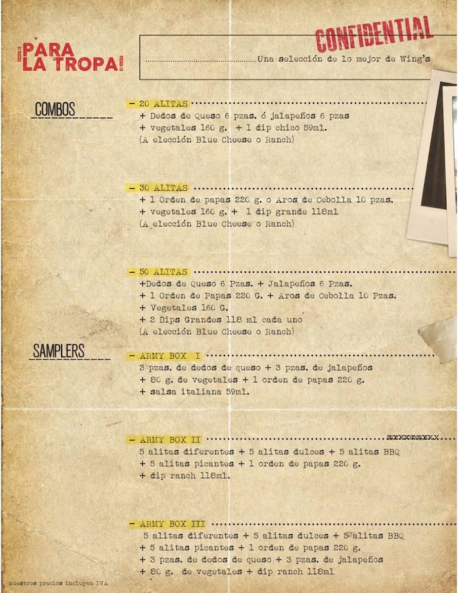 Wing's Army Salina Cruz Menu - Image 3